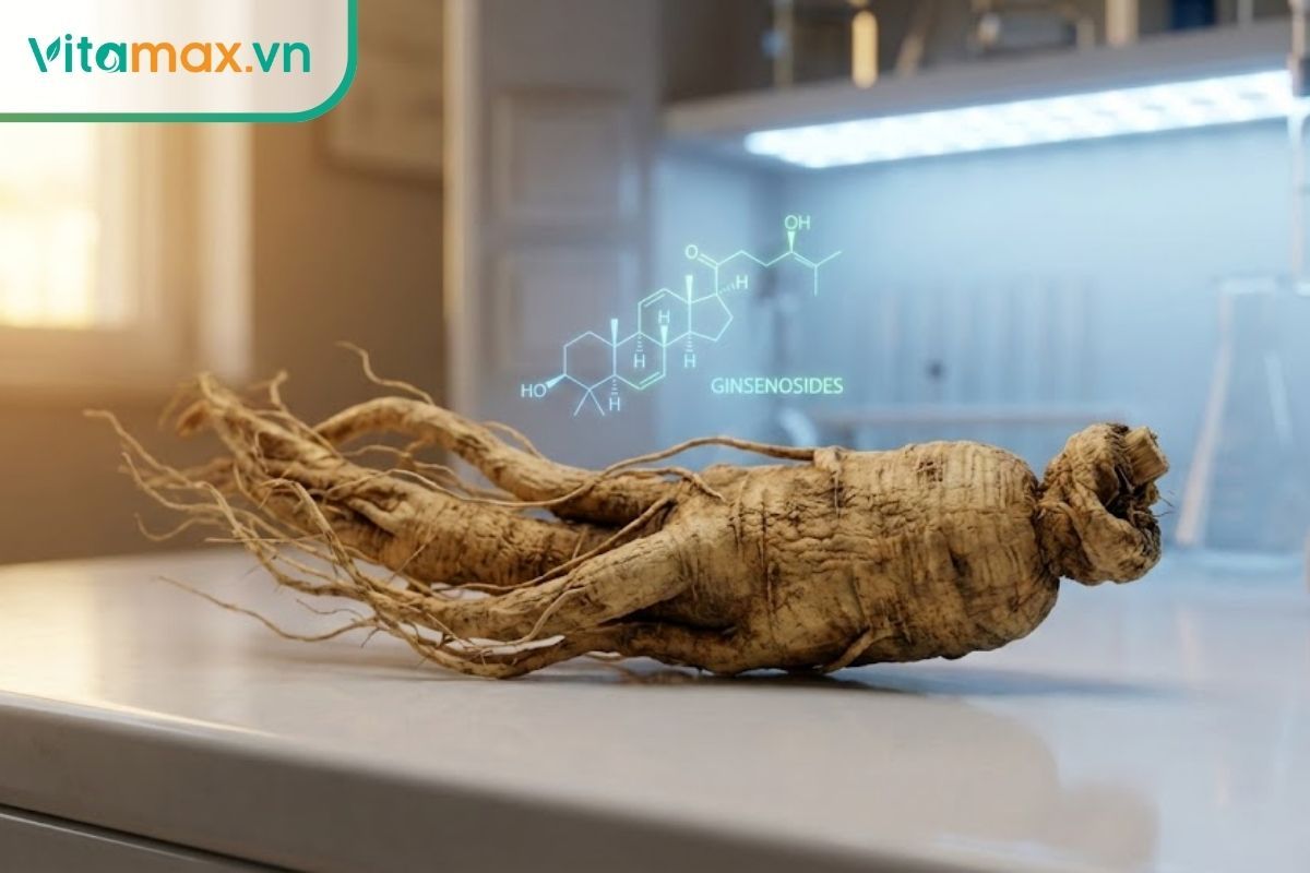 Cận cảnh củ nhân sâm Hàn Quốc 6 năm tuổi trong phòng thí nghiệm, minh họa cho khái niệm ginsenoside là gì.