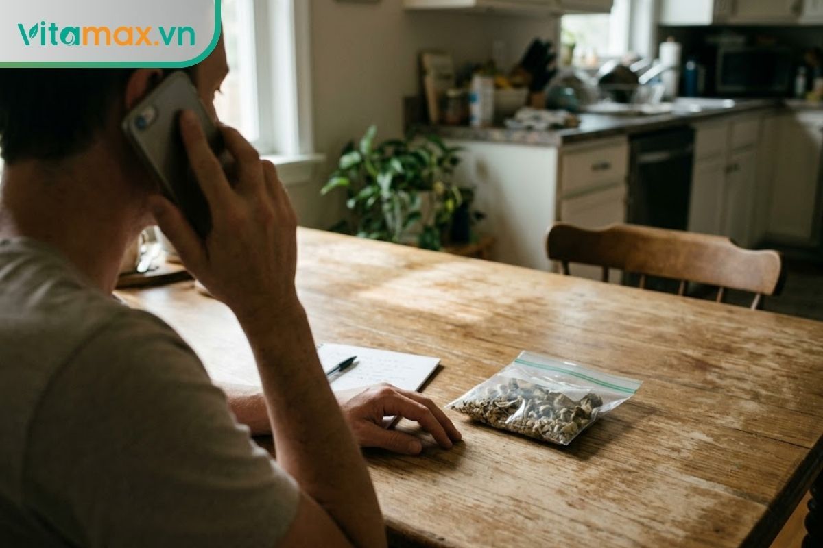 Người trưởng thành liên hệ hỗ trợ y tế bằng điện thoại, cạnh túi kín chứa phần nấm còn lại để cung cấp thông tin.