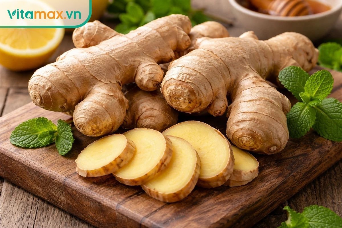 Củ gừng tươi và các lát gừng cắt ngang trên thớt gỗ, thể hiện rõ phần thân rễ được sử dụng làm nguyên liệu.