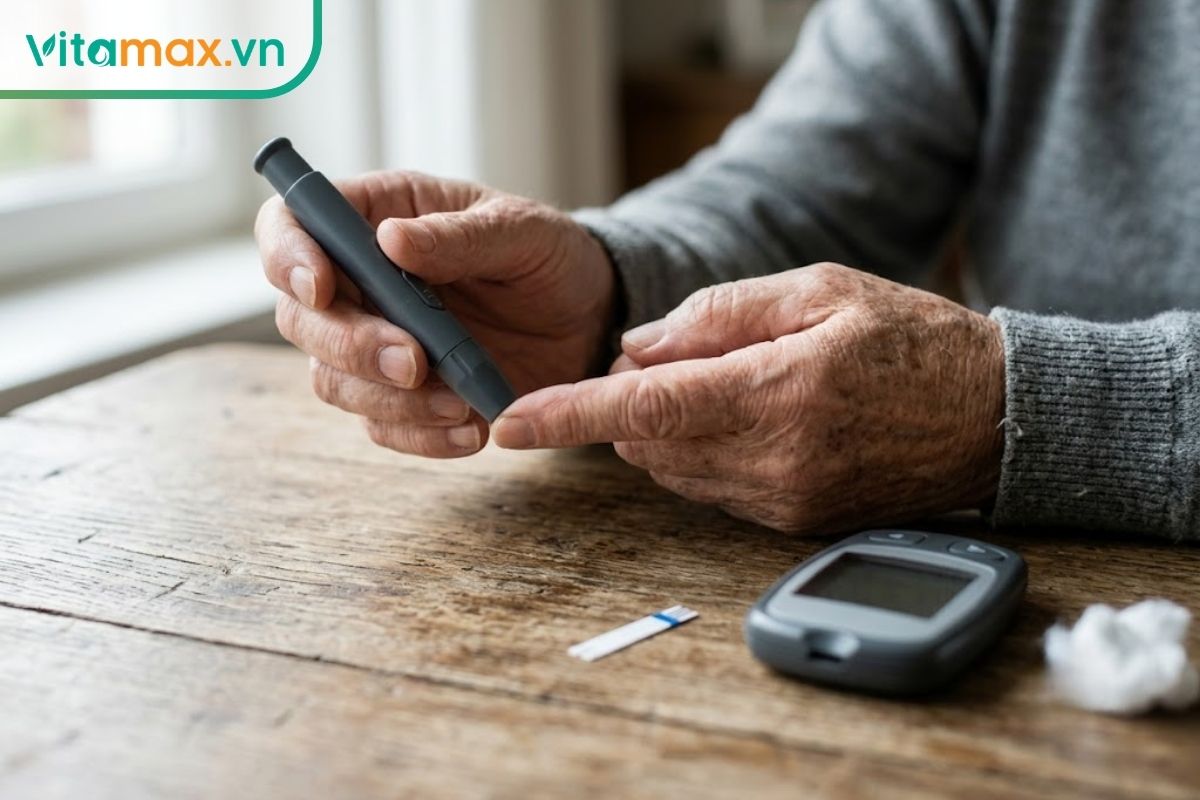 Cận cảnh đôi bàn tay nhăn nheo của một người lớn tuổi đang cầm bút chích máu để thử tiểu đường, bên cạnh là một máy đo đường huyết cá nhân đặt trên mặt bàn gỗ.