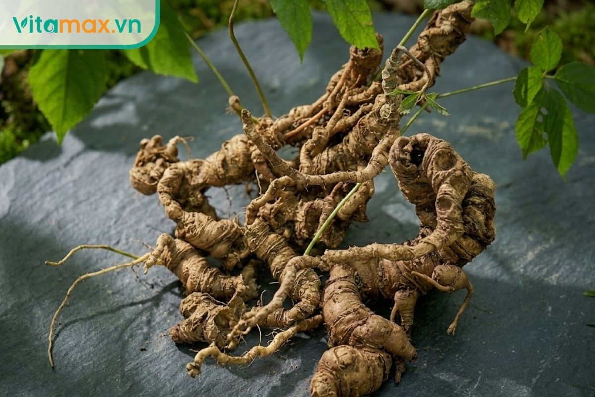 Củ sâm Ngọc Linh tươi nguyên bản với các đốt sẹo rõ nét đặt trên phiến đá phiến đen, nền phía sau là lá xanh mờ, ánh sáng tự nhiên chiếu vào làm nổi bật kết cấu rễ.