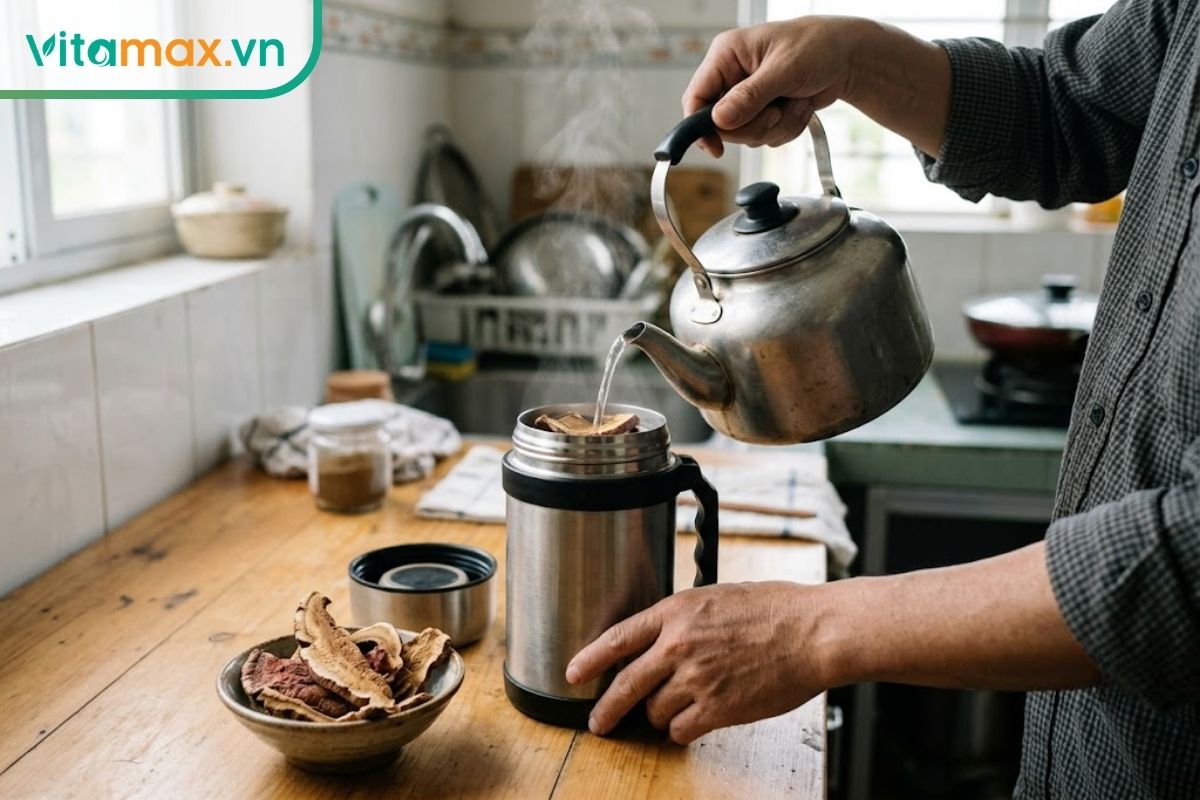 Đôi tay rót nước nóng từ ấm vào bình giữ nhiệt inox chứa nấm linh chi thái lát, cạnh bình là bát nấm khô trên bàn bếp sáng.