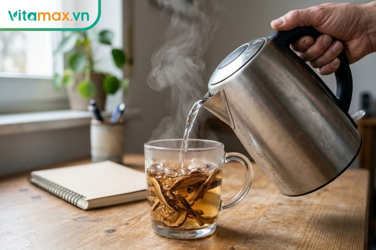 Nấm linh chi thái lát đang được hãm bằng nước nóng trong bình thủy tinh, minh họa cách pha trà linh chi đơn giản tại nhà.