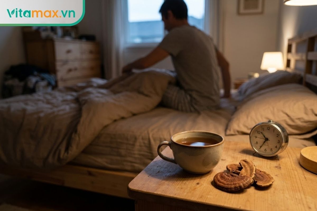 Tách nước linh chi cạnh đồng hồ vào buổi tối khi người dùng chuẩn bị ngủ, gợi ý hạn chế uống quá sát giờ nghỉ.