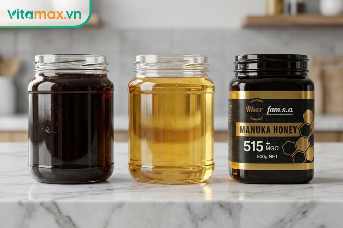 Các loại mật ong khác nhau từ mật ong rừng, mật ong nuôi đến mật ong Manuka được sắp xếp để so sánh màu sắc và độ đậm đặc.