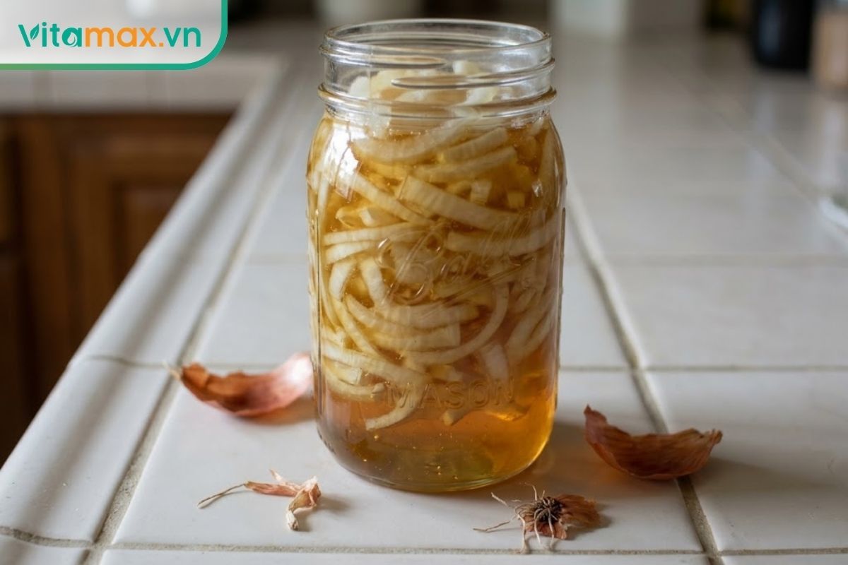 Hũ thủy tinh chứa những lát hành tây trắng thái mỏng đang ngập trong mật ong, phần đáy hũ đã tiết ra lớp nước cốt siro trong loãng.