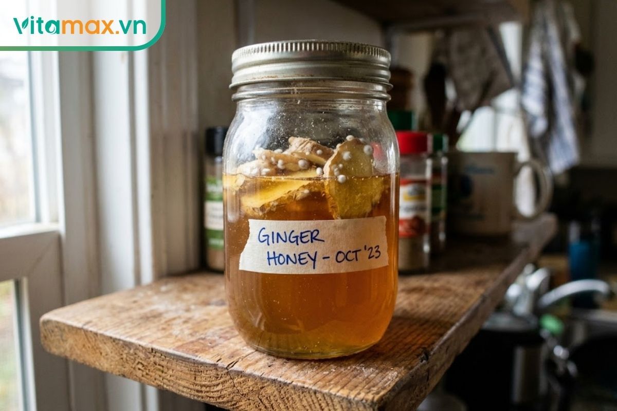 Tình trạng gừng ngâm mật ong bị mốc do lát gừng nổi lên trên bề mặt, tiếp xúc trực tiếp với không khí.
