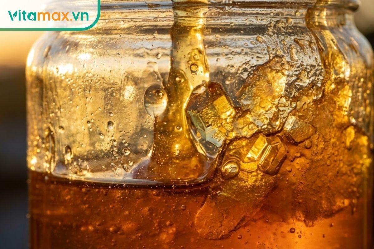 Cận cảnh kết cấu mật ong bị kết tinh thành các hạt đường li ti tự nhiên.