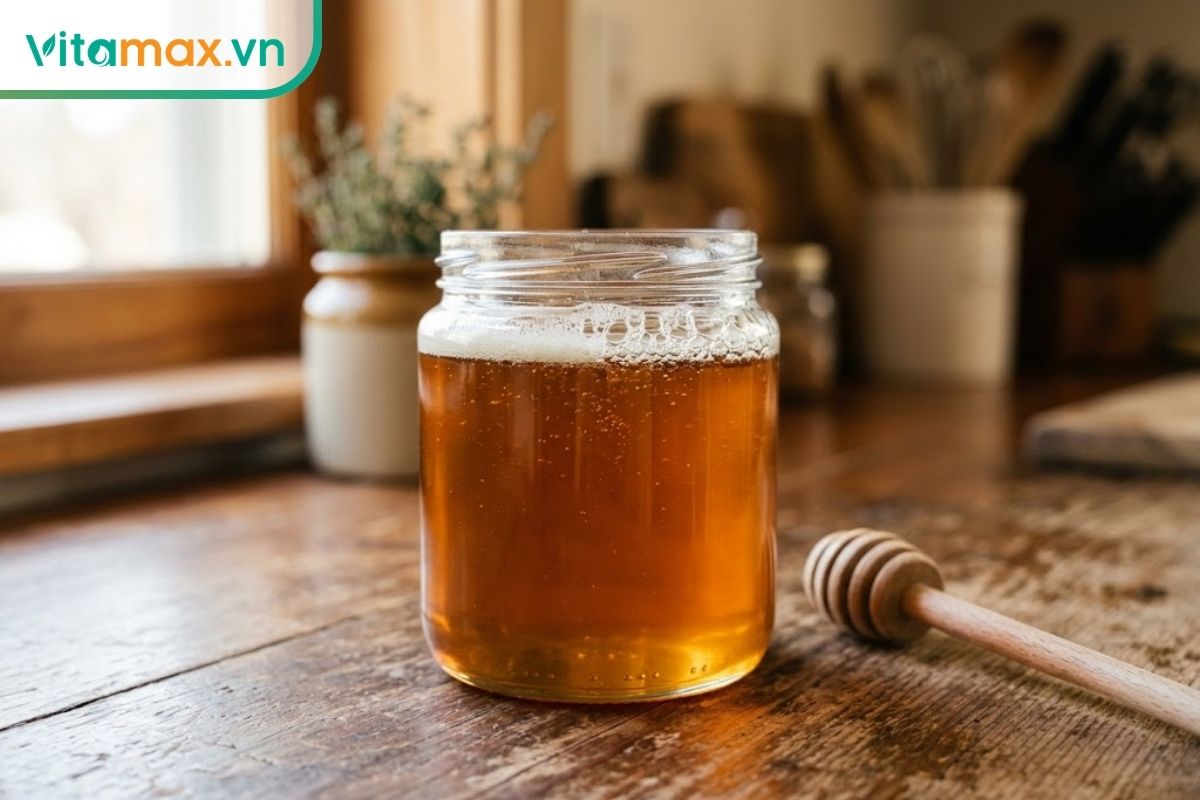 Chai thủy tinh chứa mật ong màu hổ phách có lớp bọt khí mịn phía trên, đặt trên mặt bếp gỗ trong ánh nắng sớm tự nhiên.
