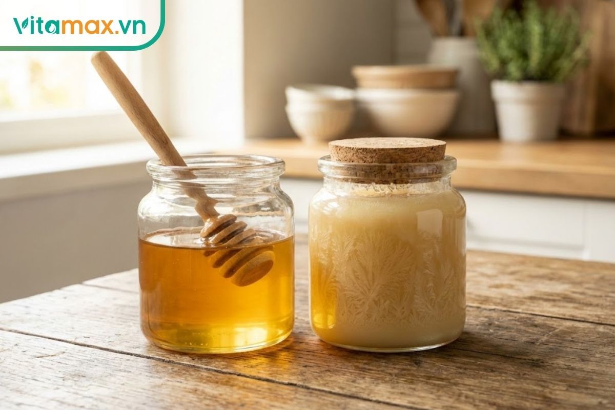 Hũ mật ong thủy tinh đang trong quá trình kết tinh tự nhiên với các hạt đường mịn màu vàng nhạt, đặt cạnh hũ mật dạng lỏng.