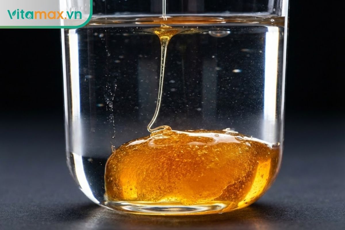 Hình ảnh mật ong già chìm thẳng xuống đáy ly nước và tụ lại thành khối, không bị tan ngay lập tức.