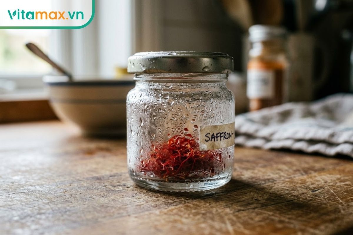 Hũ thủy tinh đựng saffron bị lấm tấm những giọt nước ngưng tụ bên ngoài vỏ do sự chênh lệch nhiệt độ khi vừa lấy từ tủ lạnh ra ngoài.