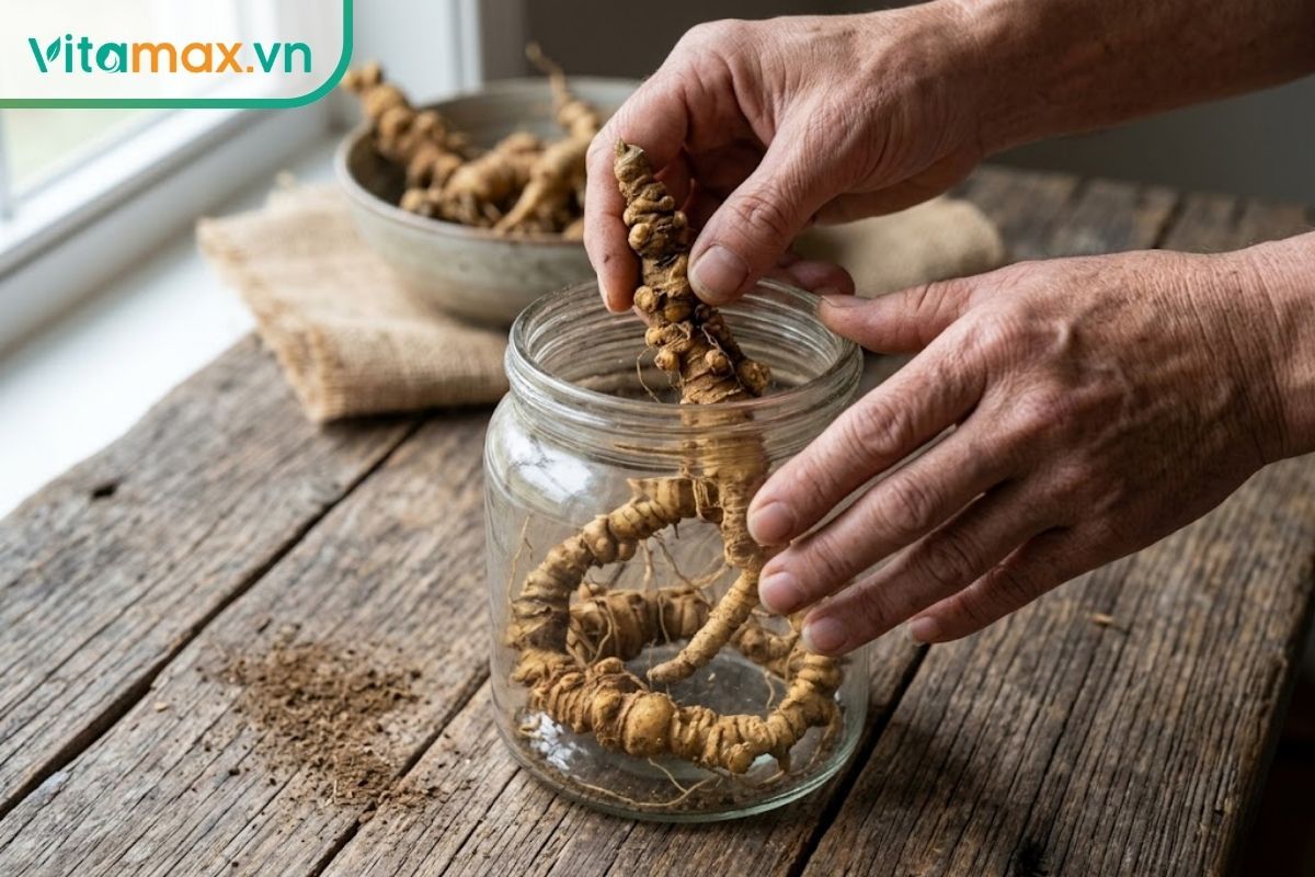 Cận cảnh củ sâm Ngọc Linh thật đang được rửa sạch và cho vào bình thủy tinh ngâm rượu, thể hiện rõ các đốt sâm tự nhiên.