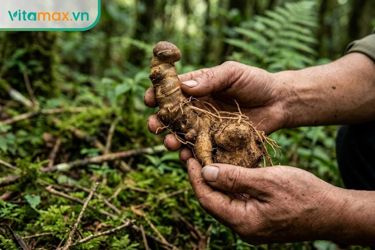 Cận cảnh đôi bàn tay lấm lem đất rừng đang cầm một củ sâm Ngọc Linh tươi vừa thu hoạch, nhìn rõ các đốt trúc nối tiếp nhau mọc bò ngang.