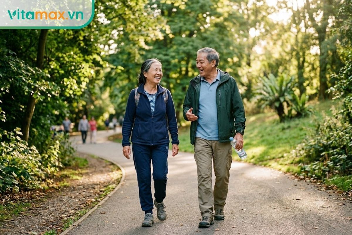 Một cặp vợ chồng cao tuổi mặc trang phục thể thao thoải mái đang đi dạo và mỉm cười vui vẻ trong công viên ngập nắng.