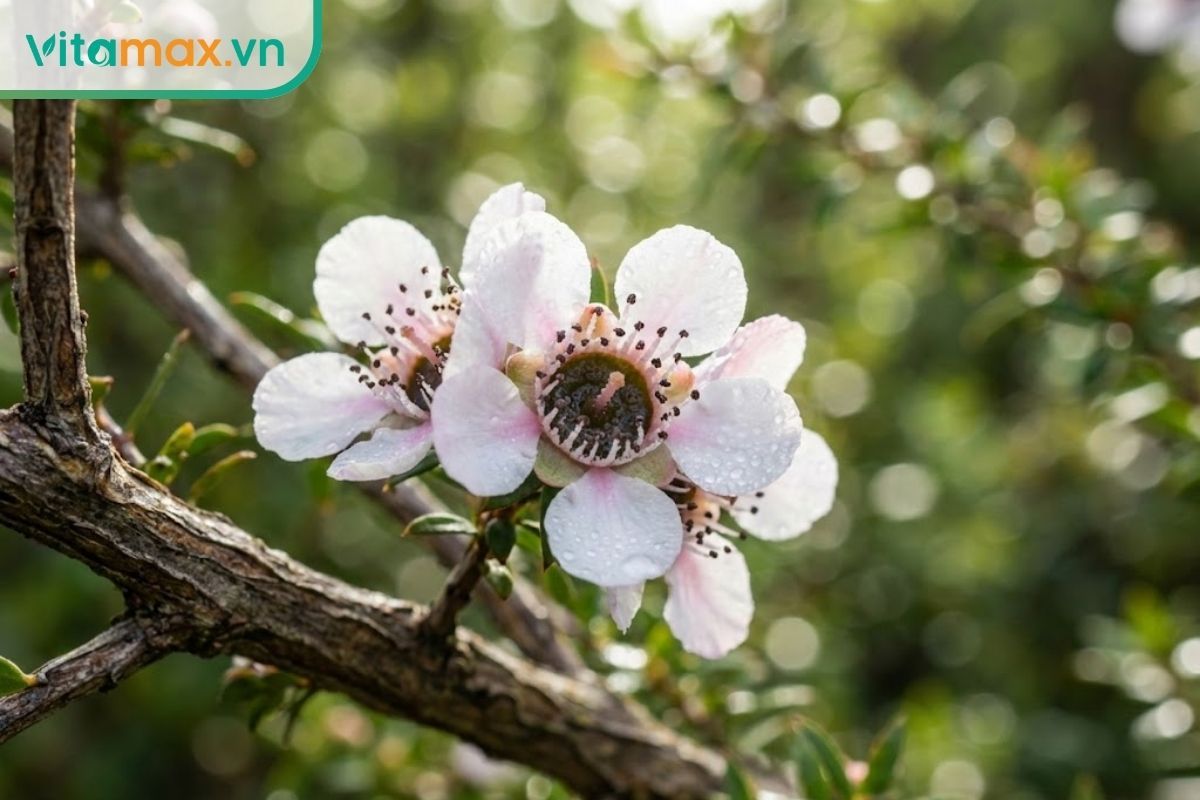 Cận cảnh hoa manuka 5 cánh màu trắng hồng với nhụy sẫm màu, nguồn gốc tạo nên mật ong hoa Makuna quý hiếm.