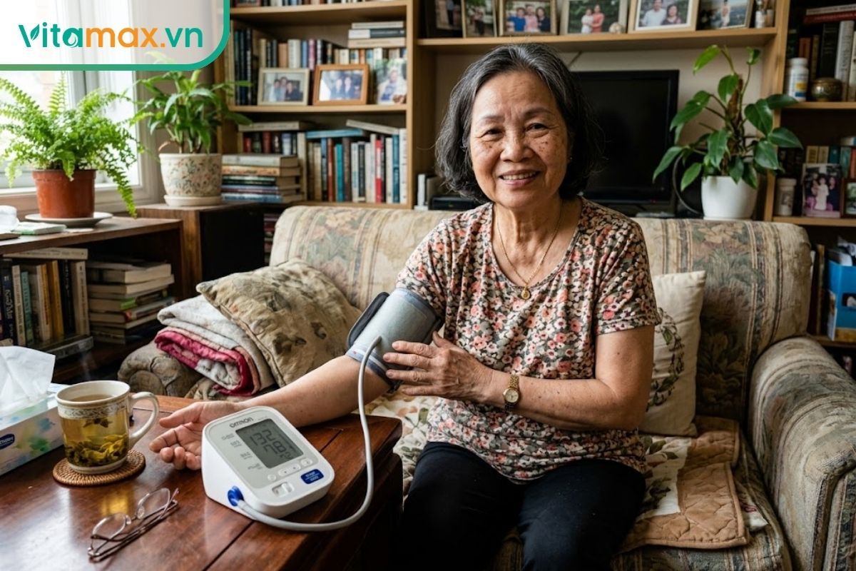 Một người phụ nữ trung niên đang tự đo huyết áp tại nhà với vẻ mặt thư giãn, minh họa cho tác dụng bảo vệ tim mạch.