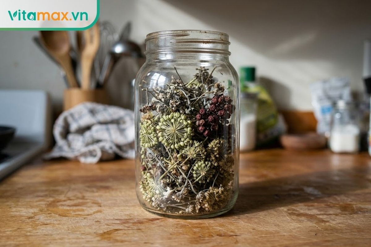 Lọ thủy tinh trong suốt đựng nụ hoa sâm Ngọc Linh sấy khô được đặt trên bàn bếp, minh họa cách bảo quản tiện lợi.