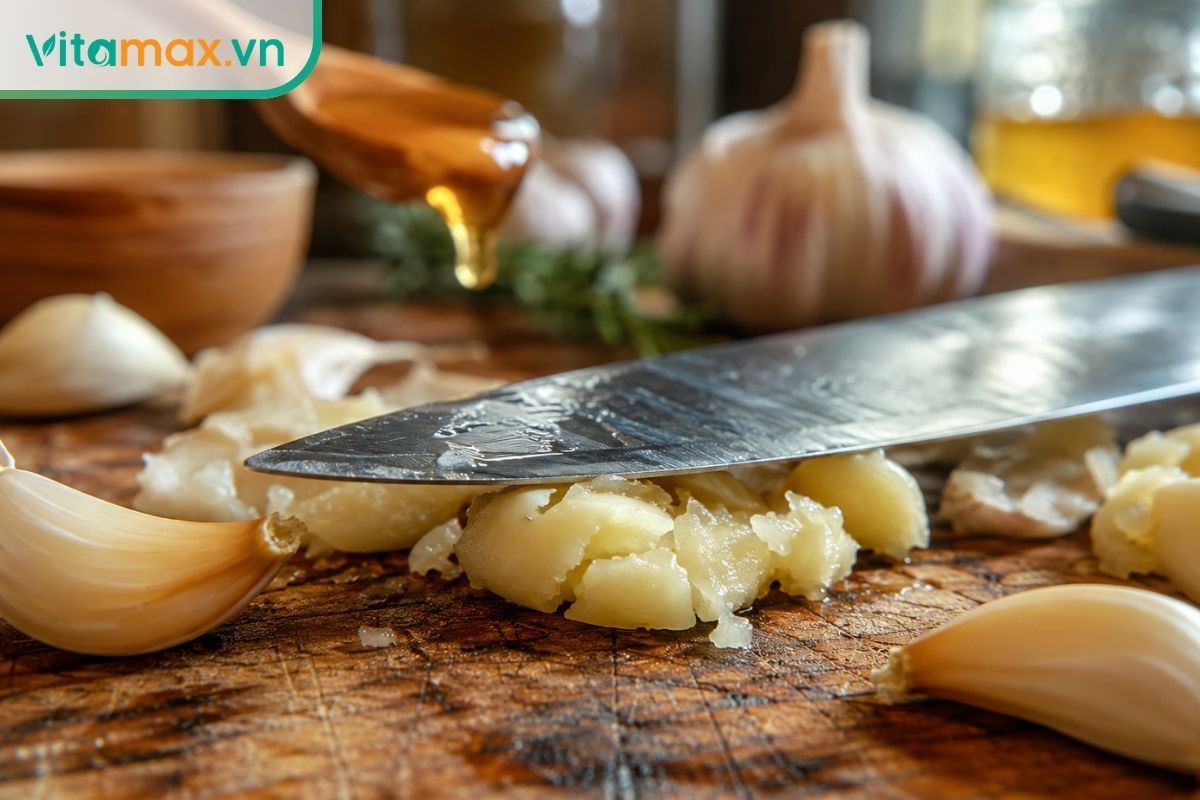 Cận cảnh một tép tỏi tươi đang bị đập dập bằng mặt phẳng của dao bếp trên thớt gỗ, làm giải phóng các chất dịch tự nhiên bên trong tỏi.