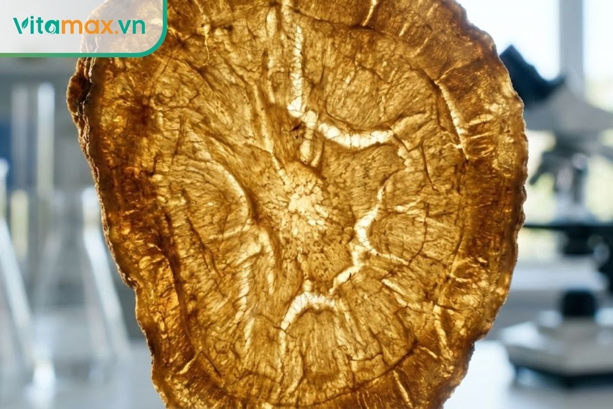 Cận cảnh lát cắt bạch sâm khô lộ rõ thớ sâm, minh họa cho hàm lượng Ginsenosides và Saponin dồi dào.