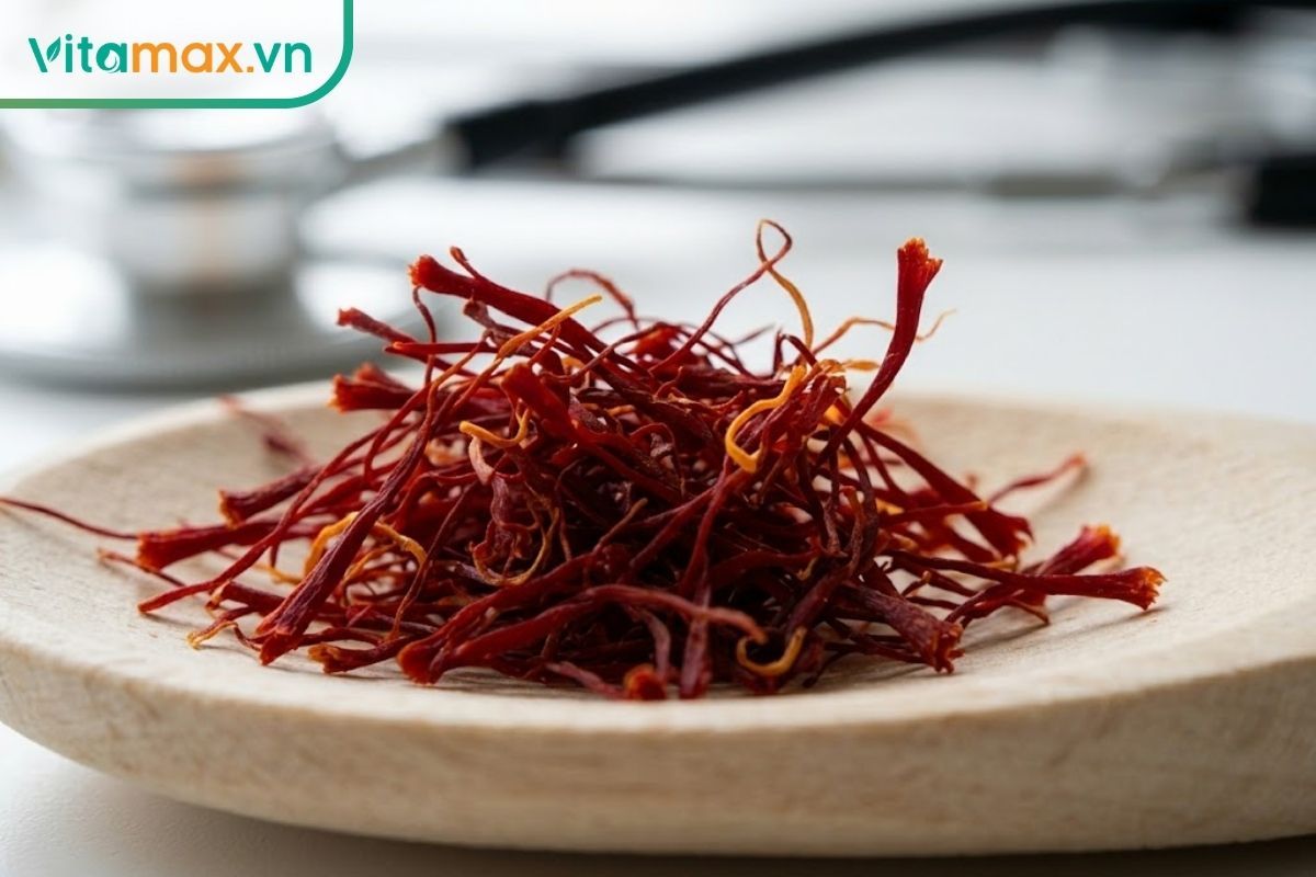 Chụp cận cảnh những sợi nhụy hoa nghệ tây saffron màu đỏ sẫm nguyên bản đặt trên một chiếc muỗng gỗ y tế sạch sẽ.