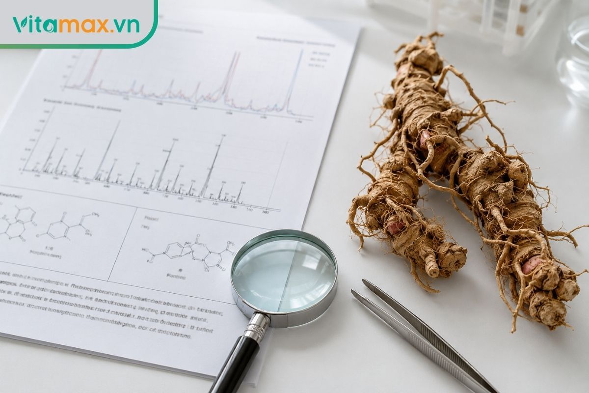 Không gian bàn làm việc phòng thí nghiệm với kính lúp, một củ thảo dược nguyên bản và tài liệu khoa học làm mờ chứa biểu đồ thể hiện sự phân tích hoạt chất Saponin.