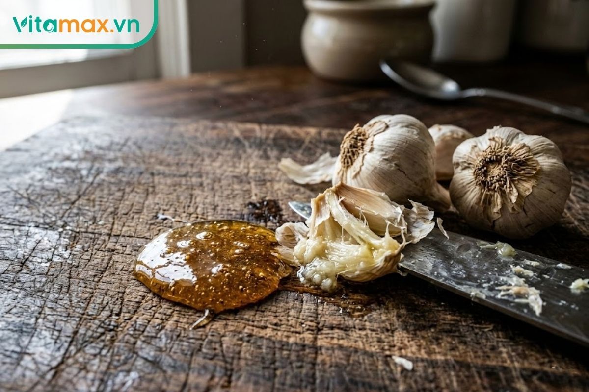 Cận cảnh các tép tỏi tươi được đập dập giải phóng allicin bên cạnh vệt mật ong nguyên chất.