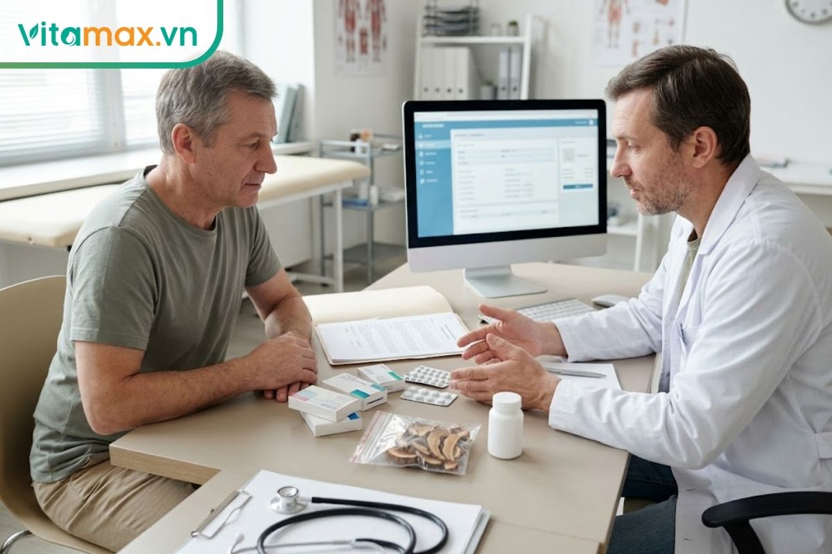 Bác sĩ trao đổi với người bệnh về thuốc đang sử dụng và sản phẩm linh chi được mang theo trong buổi tư vấn.