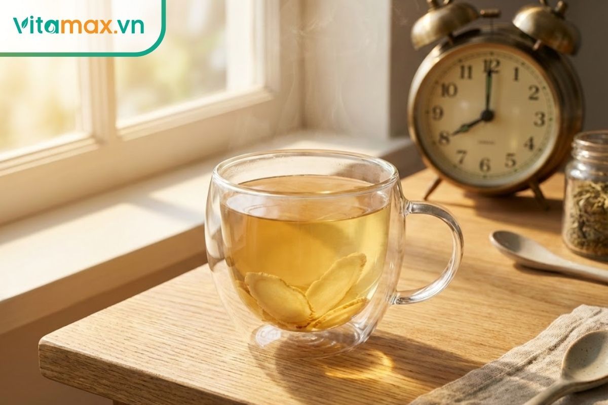Ly trà sâm màu vàng hổ phách đặt cạnh đồng hồ chỉ 8 giờ sáng, minh họa thời điểm uống trà sâm hiệu quả nhất.