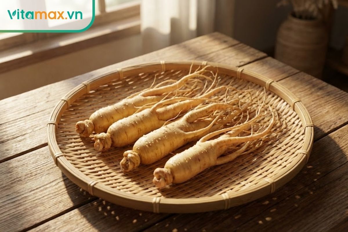 Những củ sâm tươi đã rửa sạch đang được để ráo nước trên rổ tre/inox bên cửa sổ.