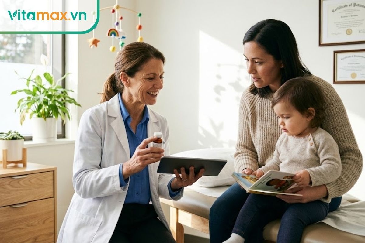 bác sĩ nhi khoa thân thiện đang tư vấn cho bà mẹ và con về cách dùng sản phẩm sức khỏe