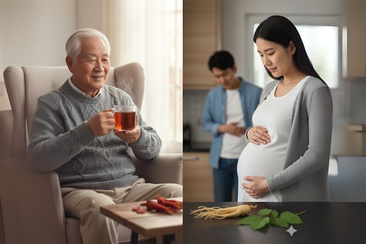 Hình ảnh ghép ba phần: ông lão uống trà trong phòng khách, phụ nữ mang thai đứng trong bếp, và rễ sâm tươi với lá xanh