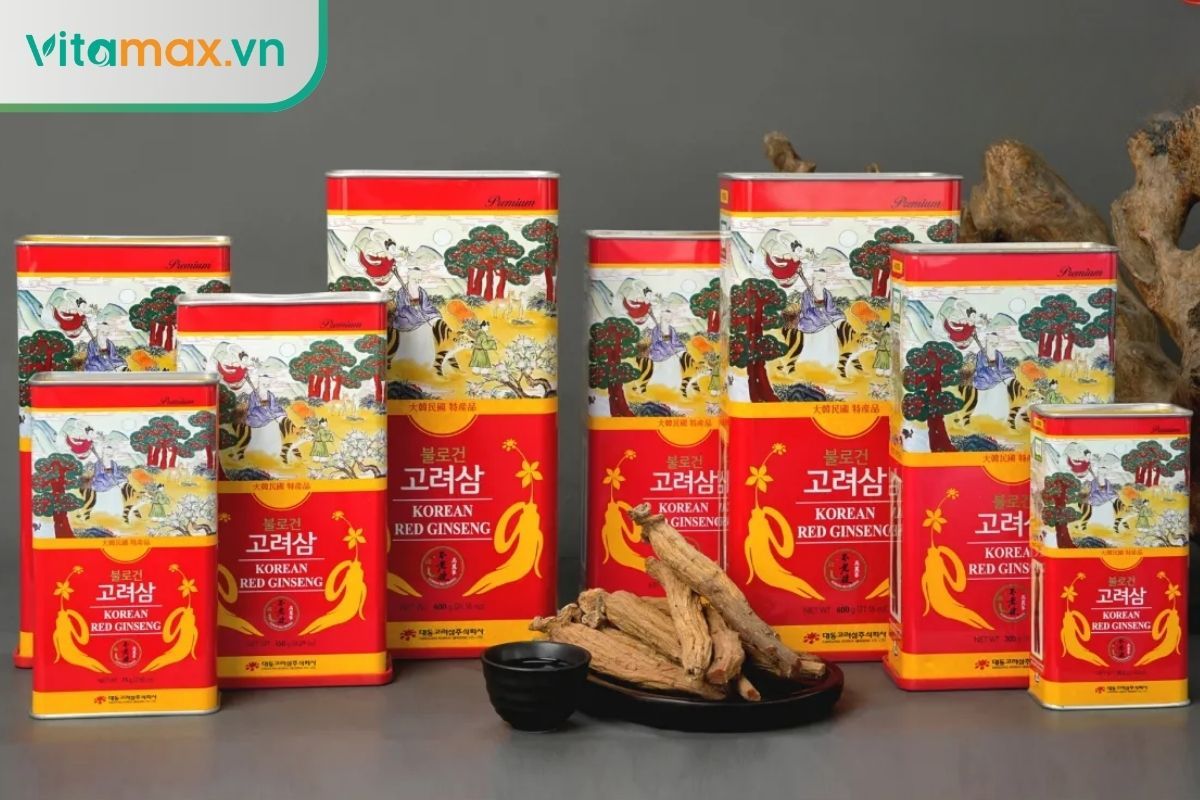 Các loại hộp thiếc đựng hồng sâm củ khô Hàn Quốc sang trọng với nhiều trọng lượng khác nhau.