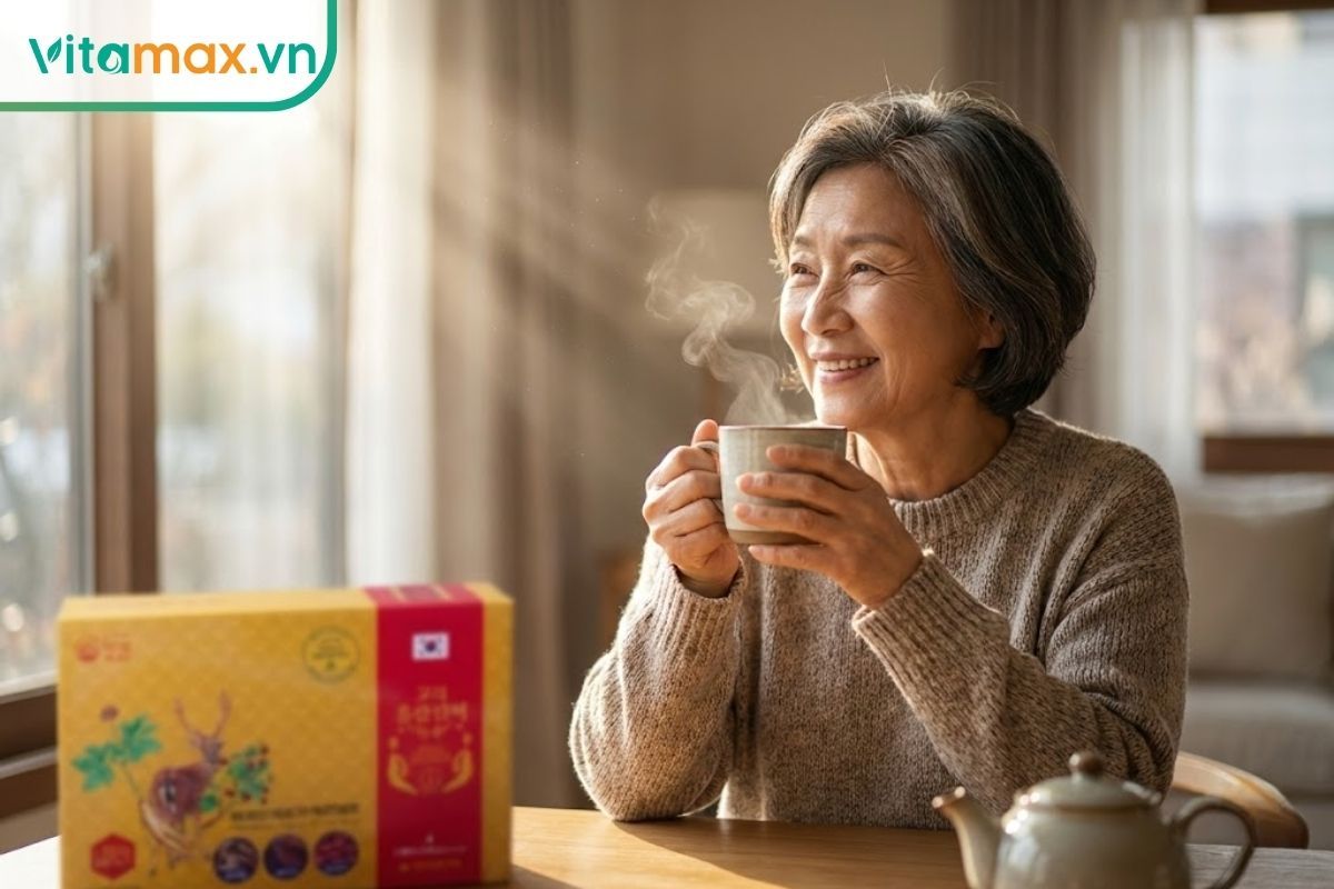 Một người cao tuổi châu Á đang thưởng thức trà hồng sâm với vẻ mặt thư thái, thể hiện sự an toàn và bồi bổ sức khỏe.