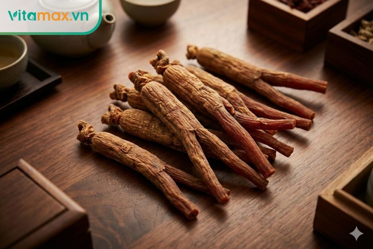 so sánh hồng sâm và thiên sâm hàn quốc trên nền gỗ sang trọng