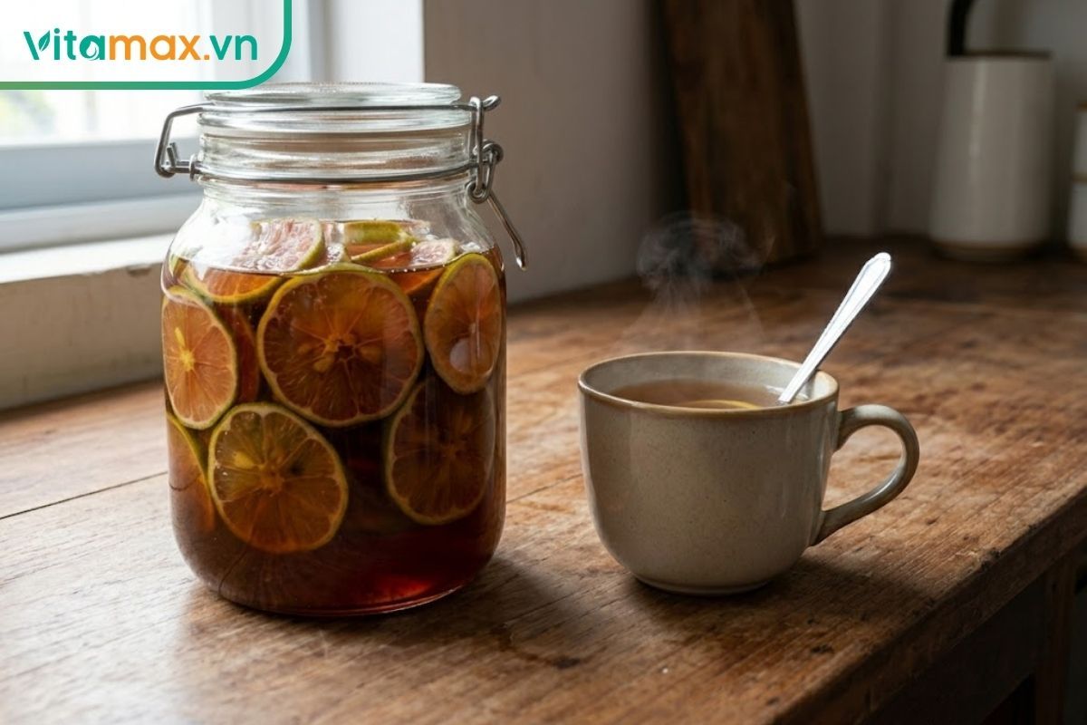 Hũ chanh đào ngâm mật ong thành công với màu sắc sậm tự nhiên, nước trong và lát chanh ngấm đều mật.