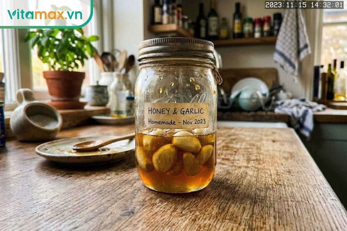 Hũ tỏi ngâm mật ong tự làm tại nhà với màu sắc tự nhiên, chuẩn bị để sử dụng cho trẻ nhỏ.