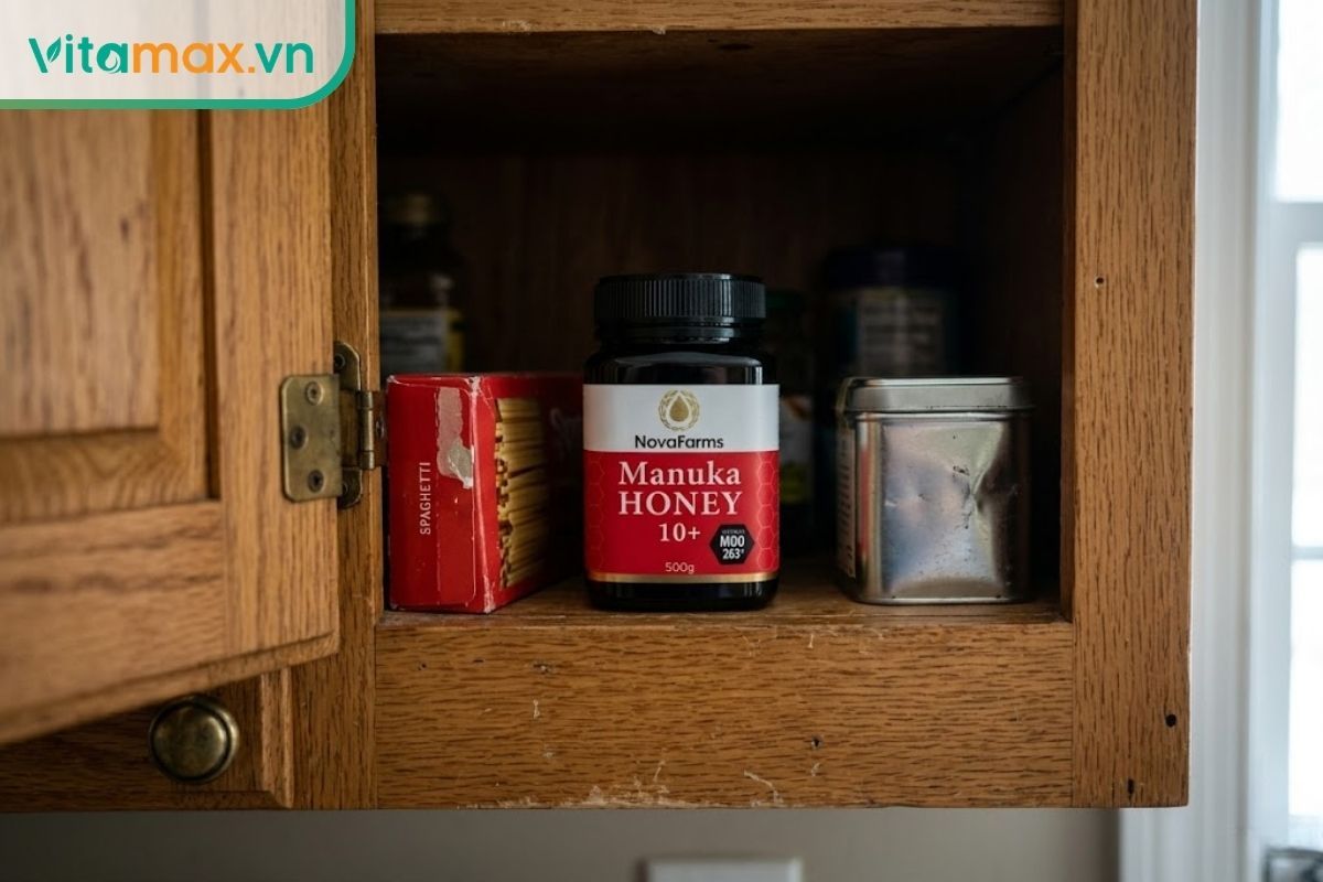 Bảo quản hũ mật ong trong tủ bếp bằng gỗ khô ráo, thoáng mát để tránh làm mật ong bị đắng.