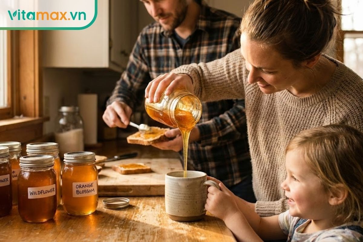 Hình ảnh ấm cúng của một gia đình đang sử dụng mật ong pha nước ấm buổi sáng, thể hiện lối sống lành mạnh.