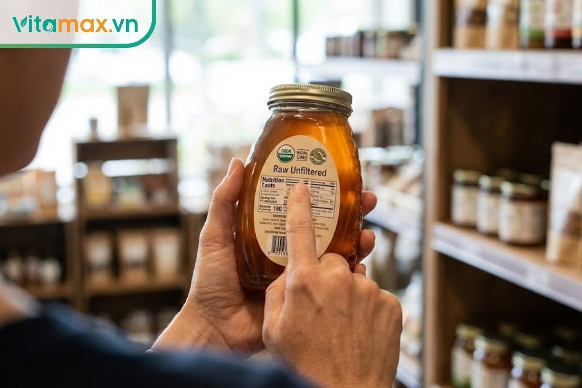 Người tiêu dùng đang kiểm tra kỹ các thông tin chỉ tiêu chất lượng và nguồn gốc trên nhãn chai mật ong cao cấp.