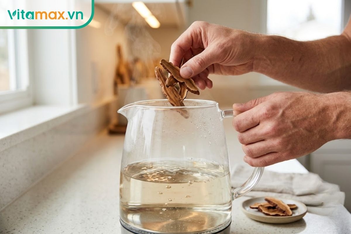 Đôi bàn tay đang cẩn thận thả những lát nấm linh chi đỏ khô vào một ấm đun nước thủy tinh đang bốc khói trên bếp.