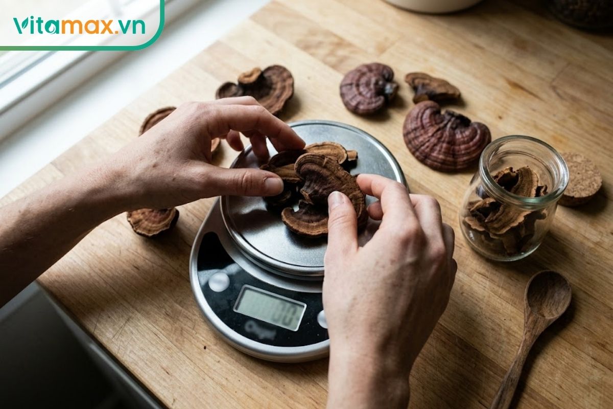 Đôi tay đang cẩn thận đặt các lát nấm linh chi lên một chiếc cân điện tử nhỏ trong bếp để định lượng.