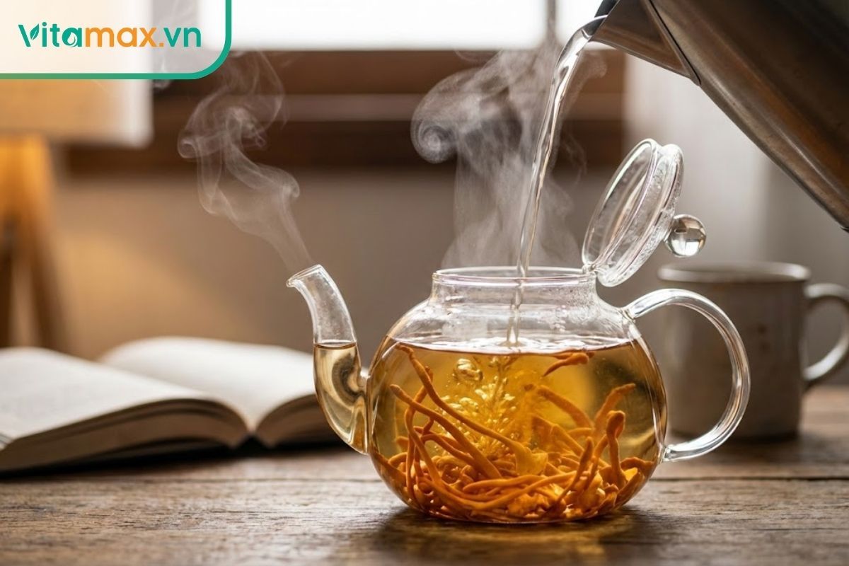 Rót nước nóng vào bình trà thủy tinh chứa đông trùng hạ thảo tươi, nước chuyển màu vàng đẹp mắt.