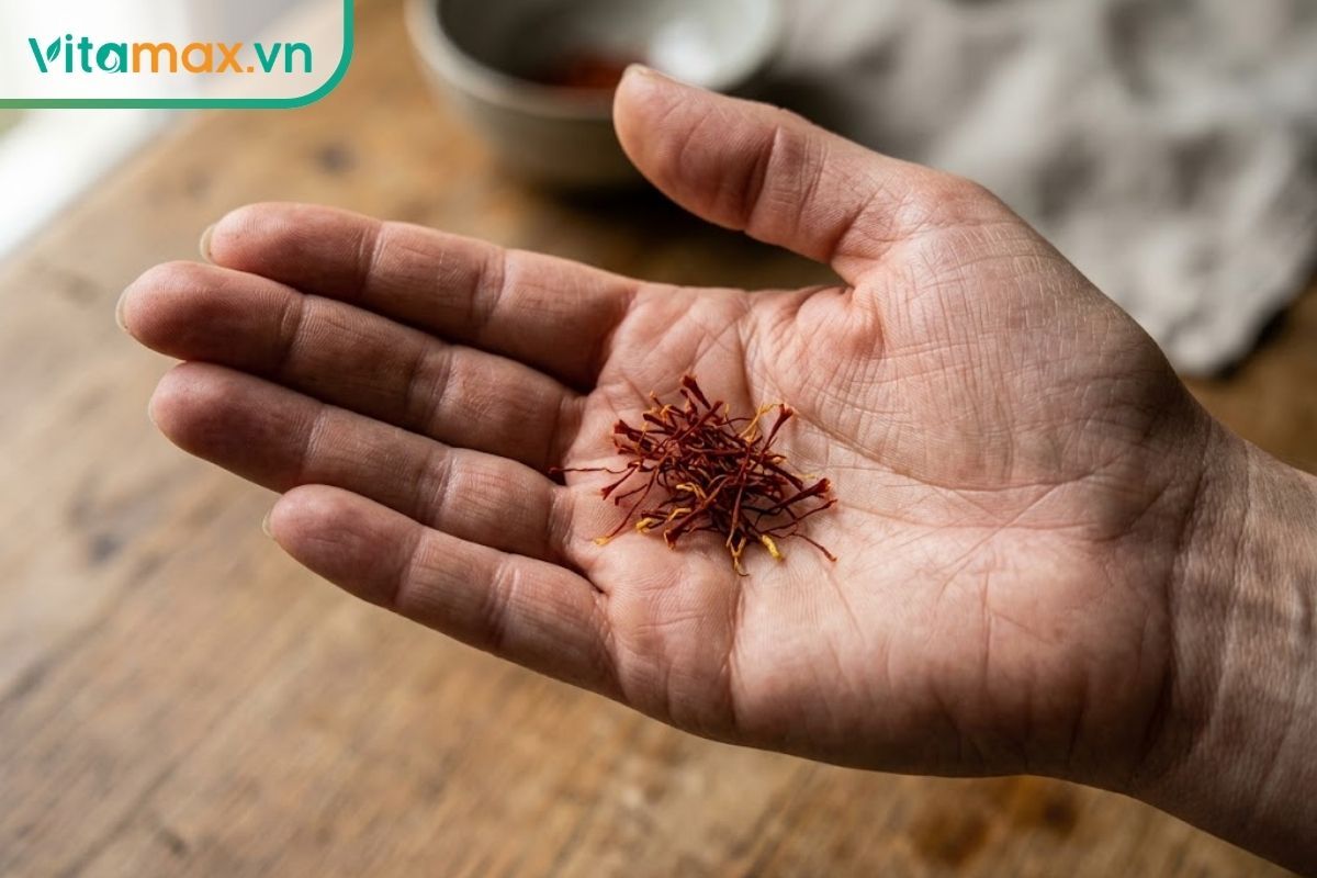 Cận cảnh những sợi nhụy hoa nghệ tây thật có màu đỏ sẫm tự nhiên được đặt trên lòng bàn tay người.