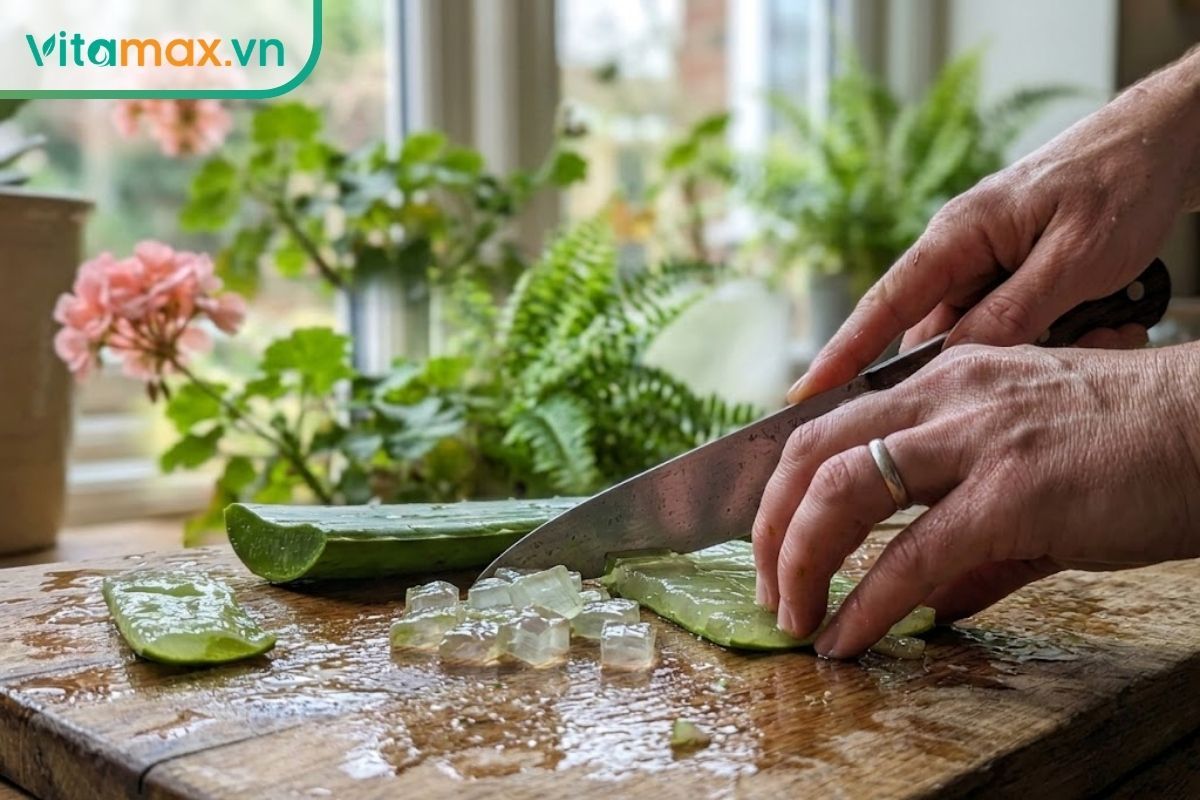 Hướng dẫn cách gọt sạch vỏ xanh và thái hạt lựu nha đam đúng cách để loại bỏ hoàn toàn nhựa vàng aloin gây đắng.