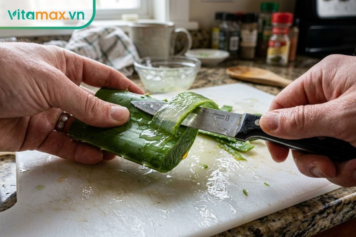 Đôi bàn tay đang dùng dao gọt vỏ xanh của nhánh nha đam tươi, để lộ phần thịt trong suốt và một chút nhựa màu vàng.