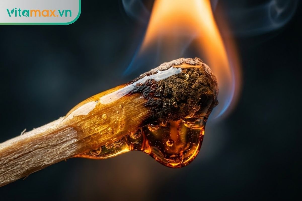 Cận cảnh một ngọn lửa nhỏ đang cháy trên đầu que diêm được tẩm mật ong vàng óng, nền tối làm nổi bật màu hổ phách của mật.