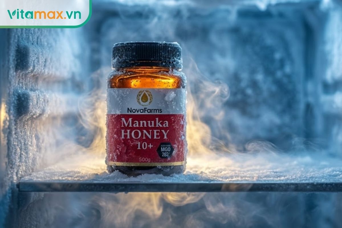 Hũ mật ong vàng óng trong ngăn đá tủ lạnh có lớp tuyết phủ, minh họa cách thử mật ong tại nhà.