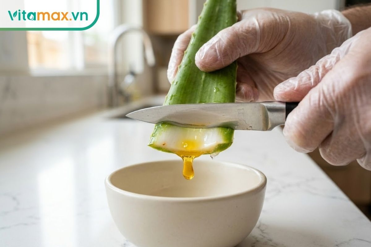 Cận cảnh quá trình cắt phần gốc lá nha đam và dựng đứng để xả lớp nhựa vàng (aloin) chứa độc tố trước khi ngâm rượu.