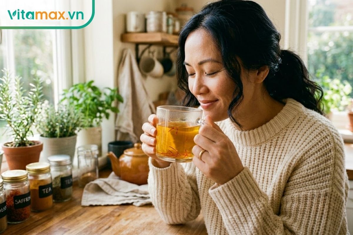 Một phụ nữ đang nâng cốc trà nhụy hoa nghệ tây màu vàng óng lên gần mặt, nhắm mắt thư giãn tận hưởng hương thơm thảo mộc trong không gian ánh sáng tự nhiên.